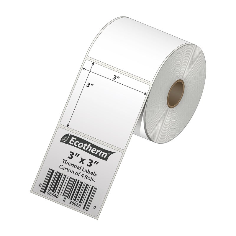 Ecotherm ملصقات حرارية مقاس 3 بوصة × 3 بوصة | 4 رول | 2100 علامة | تناسب طابعات Zebra وMunbyn وRolo وGodex وArkscan وiDPRT وOffnova والمزيد | ملصقات لاصقة بيضاء فارغة من إيكوثيرم - Image 2